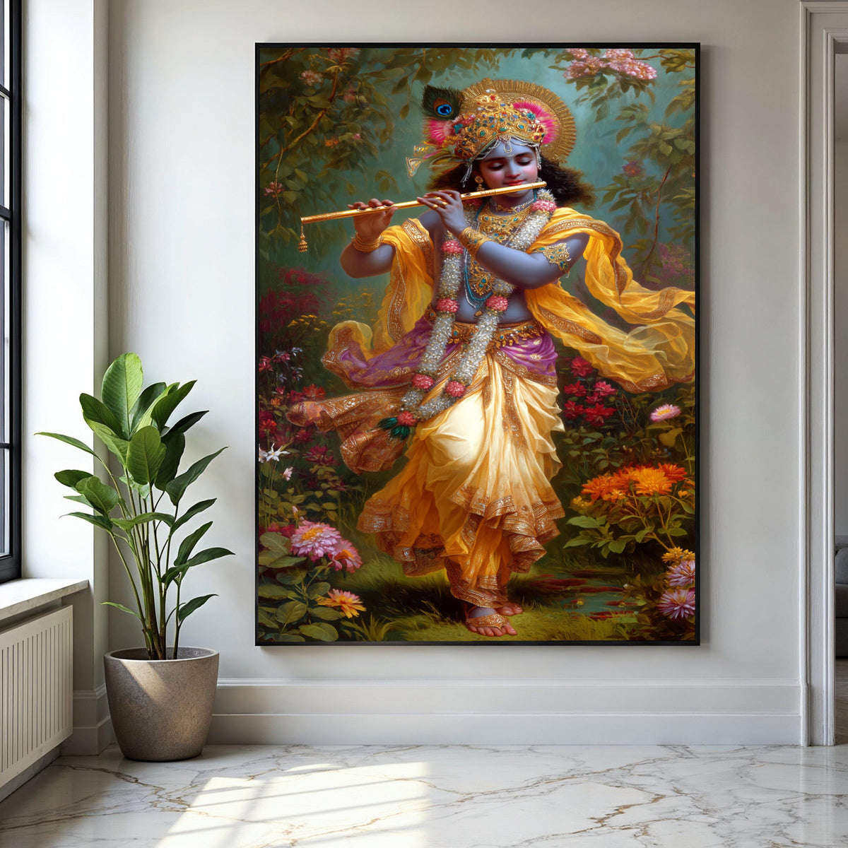 Lord Krishna Playing Flute Canvas, Hindu God Wall Art, Indian Mythology Canvas, Spiritual Home Decor, Vibrant Gift Art, Home Decor, Print