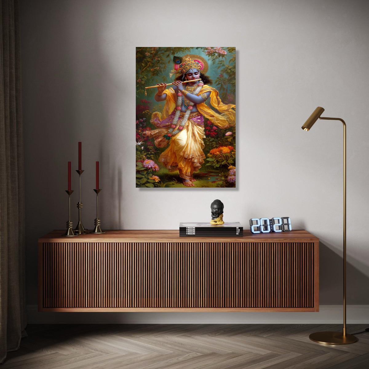 Lord Krishna Playing Flute Canvas, Hindu God Wall Art, Indian Mythology Canvas, Spiritual Home Decor, Vibrant Gift Art, Home Decor, Print