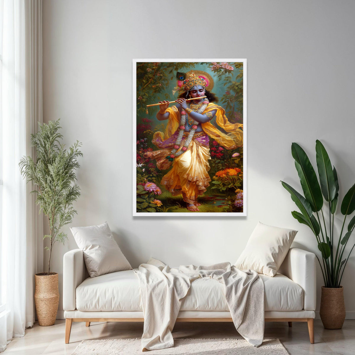 Lord Krishna Playing Flute Canvas, Hindu God Wall Art, Indian Mythology Canvas, Spiritual Home Decor, Vibrant Gift Art, Home Decor, Print