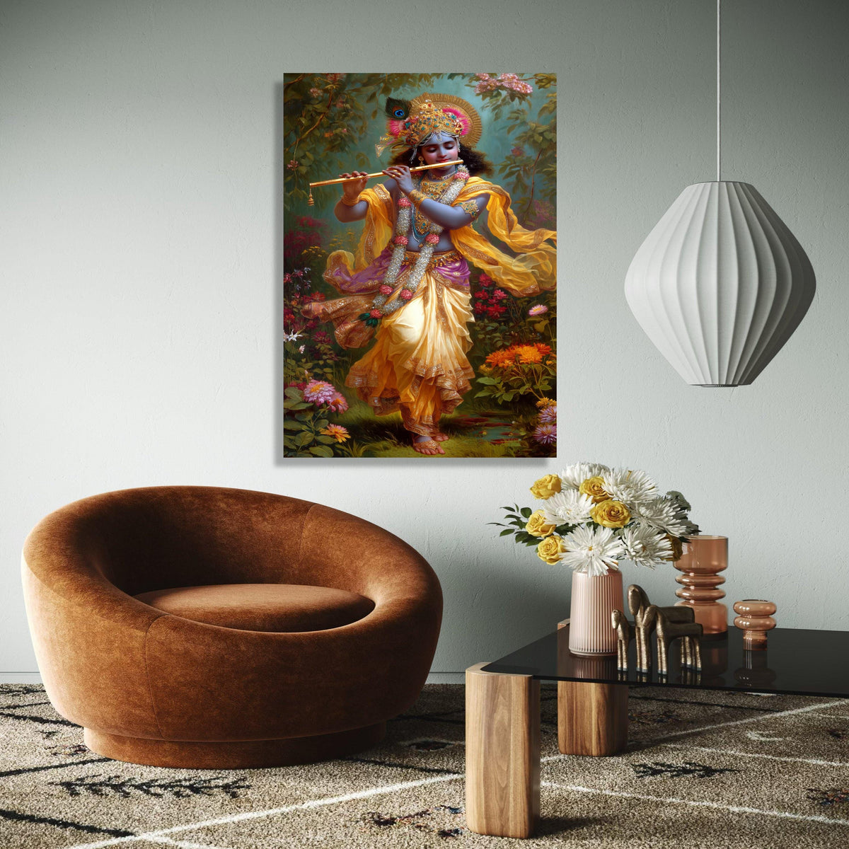 Lord Krishna Playing Flute Canvas, Hindu God Wall Art, Indian Mythology Canvas, Spiritual Home Decor, Vibrant Gift Art, Home Decor, Print