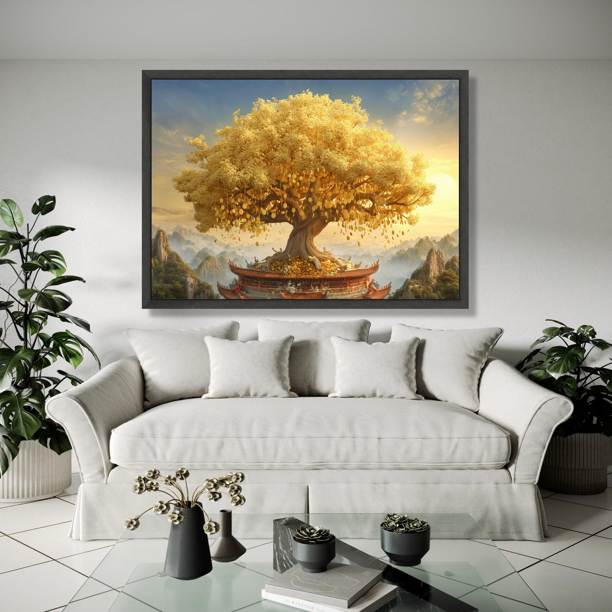Golden Money Tree, Feng Shui Canvas Art, Prosperity Wall Decoration, Wealth Symbol Canvas, Asian Style Home Gift Art, Home Decor, Print