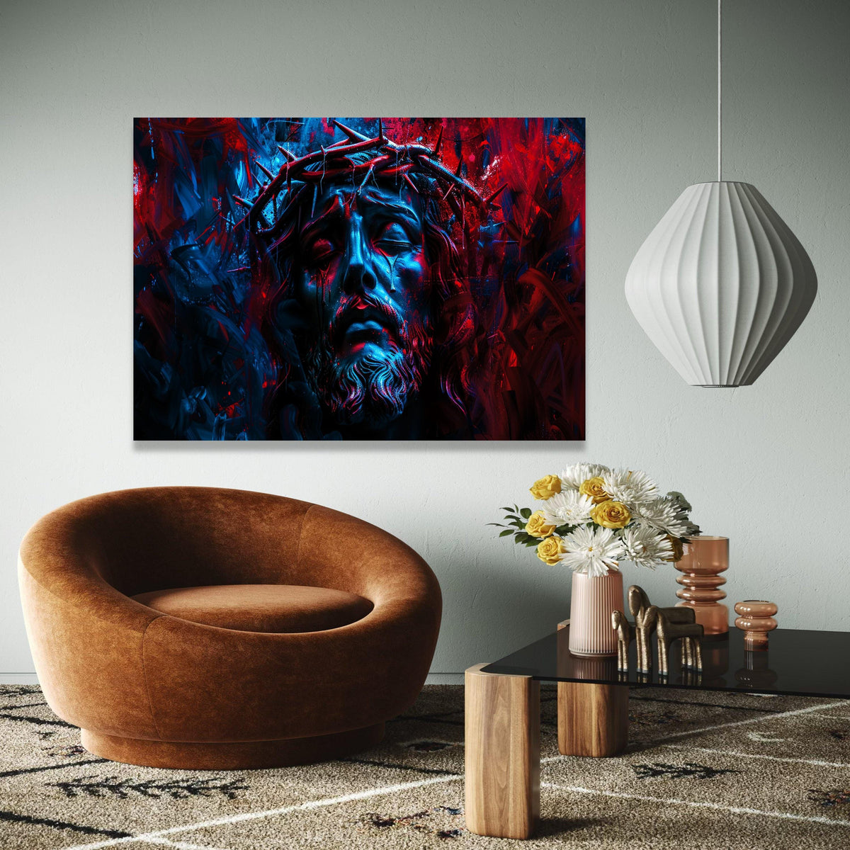 Jesus Christ Crown of Thorns Canvas, Dramatic Religious Wall Art, Spiritual Passion Painting, Moody Blue Red Gift Art, Home Decor, Print