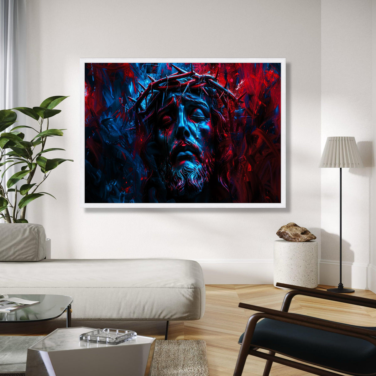 Jesus Christ Crown of Thorns Canvas, Dramatic Religious Wall Art, Spiritual Passion Painting, Moody Blue Red Gift Art, Home Decor, Print