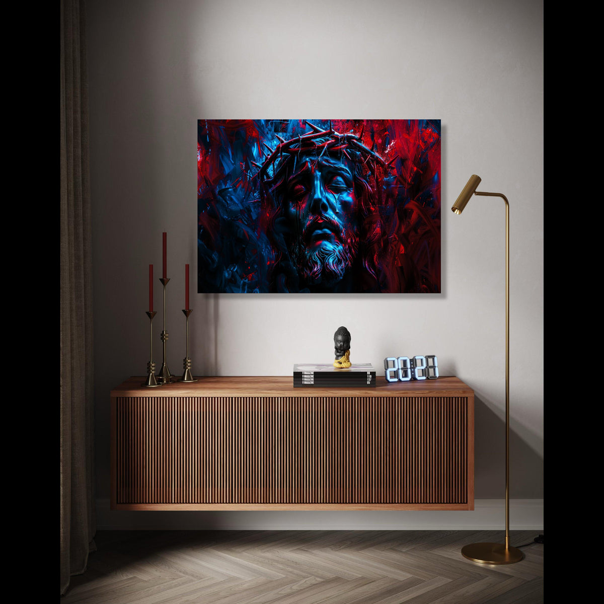 Jesus Christ Crown of Thorns Canvas, Dramatic Religious Wall Art, Spiritual Passion Painting, Moody Blue Red Gift Art, Home Decor, Print