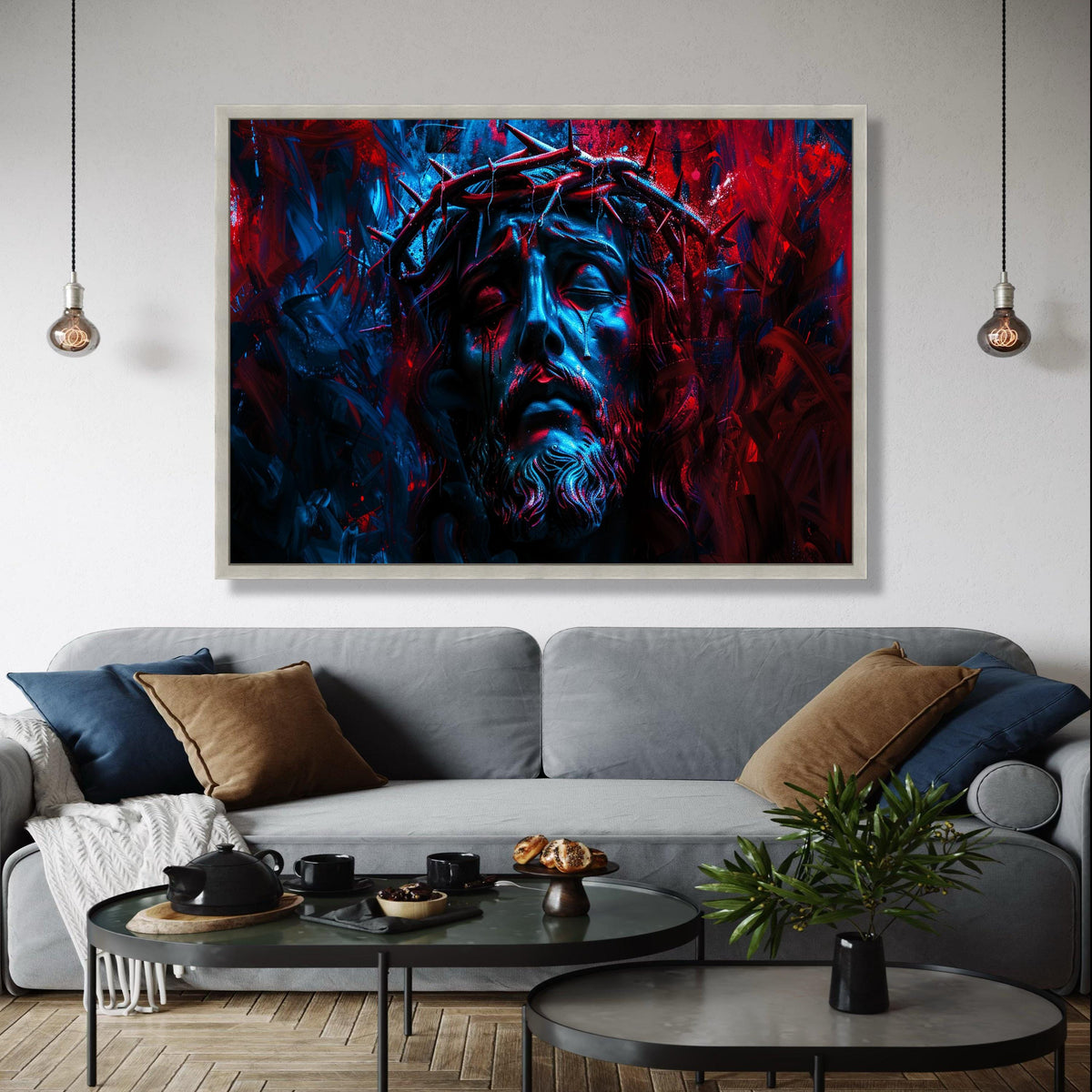 Jesus Christ Crown of Thorns Canvas, Dramatic Religious Wall Art, Spiritual Passion Painting, Moody Blue Red Gift Art, Home Decor, Print
