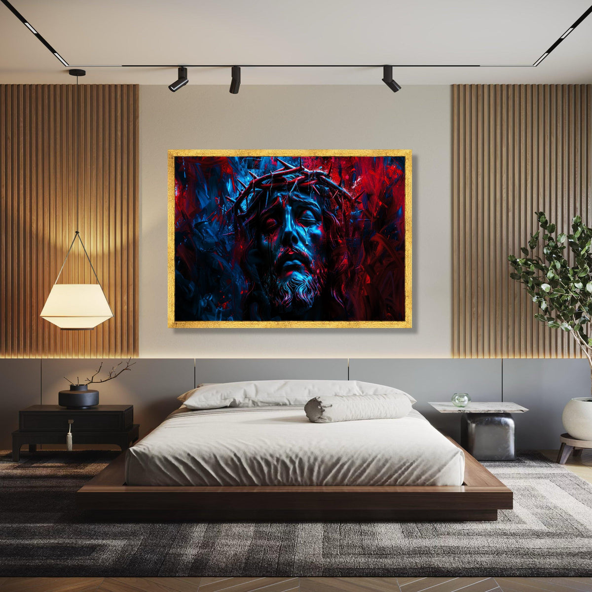 Jesus Christ Crown of Thorns Canvas, Dramatic Religious Wall Art, Spiritual Passion Painting, Moody Blue Red Gift Art, Home Decor, Print
