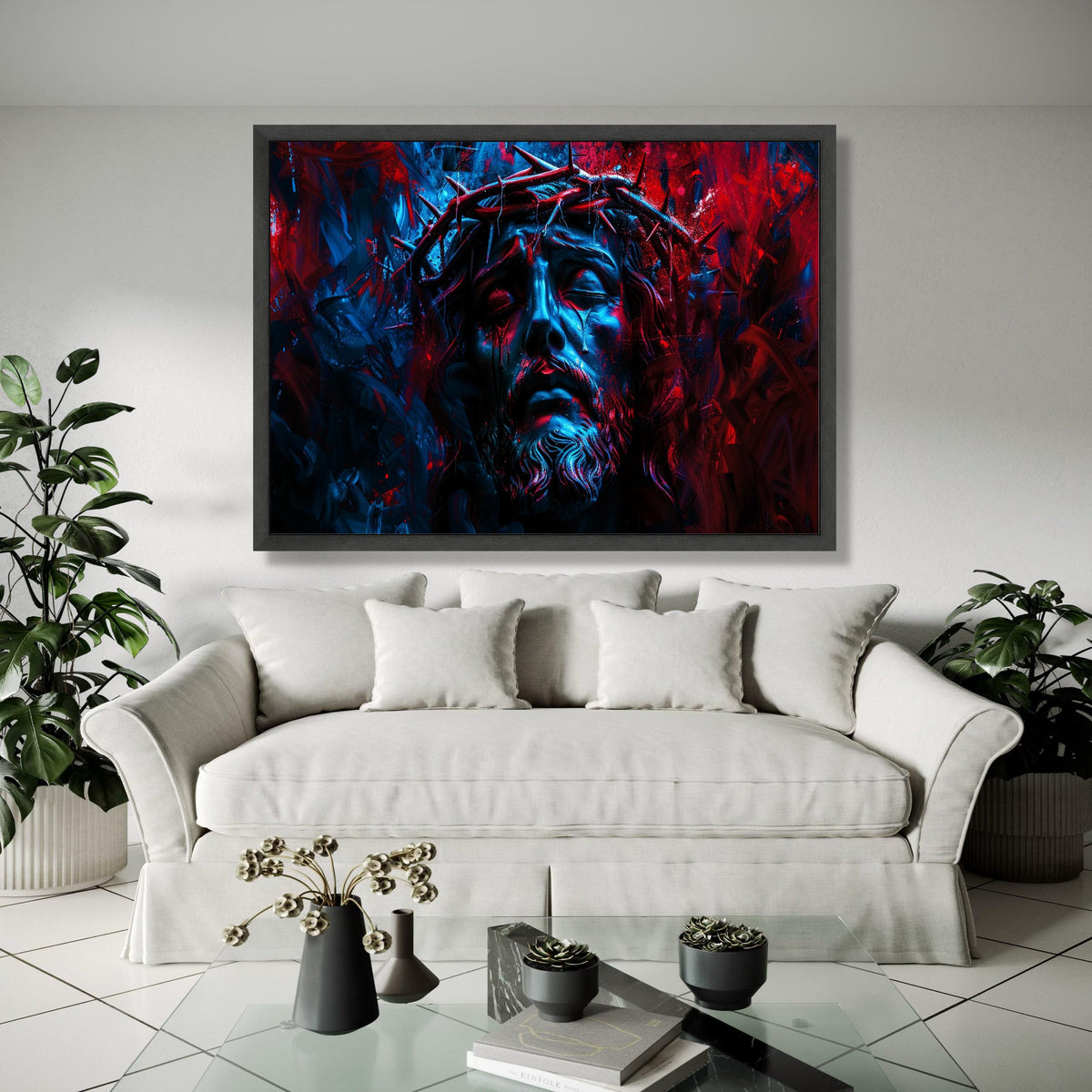 Jesus Christ Crown of Thorns Canvas, Dramatic Religious Wall Art, Spiritual Passion Painting, Moody Blue Red Gift Art, Home Decor, Print