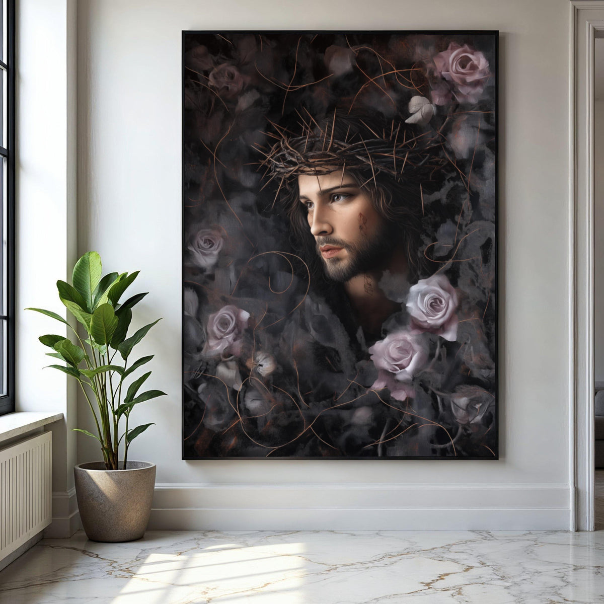 Jesus Christ Portrait Canvas, Crown of Thorns Wall Art, Religious Canvas Print, Spiritual Home Decor, Gift Art, Home Decor, Print