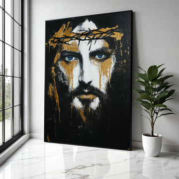 Dramatic Jesus Portrait Canvas Wall Art, Crown of Thorns Painting, Blue Eyes Spiritual Art, Black Gold Abstract Gift Art, Home Decor, Print