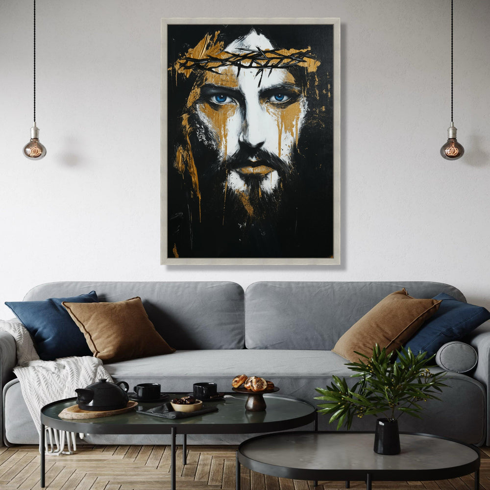 Dramatic Jesus Portrait Canvas Wall Art, Crown of Thorns Painting, Blue Eyes Spiritual Art, Black Gold Abstract Gift Art, Home Decor, Print