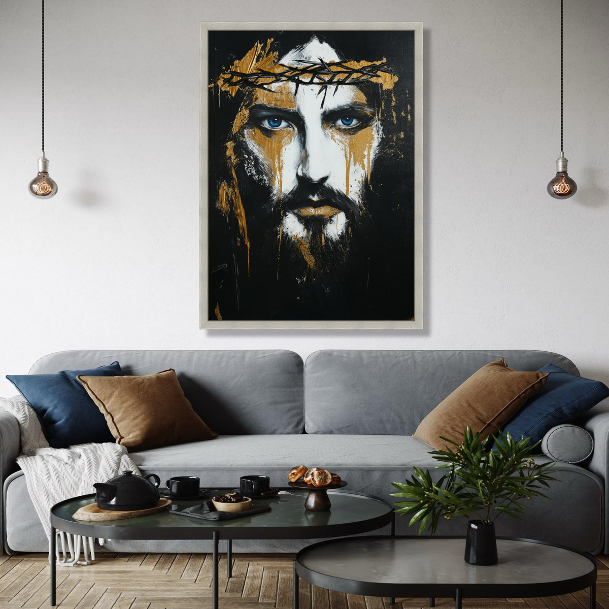 Dramatic Jesus Portrait Canvas Wall Art, Crown of Thorns Painting, Blue Eyes Spiritual Art, Black Gold Abstract Gift Art, Home Decor, Print