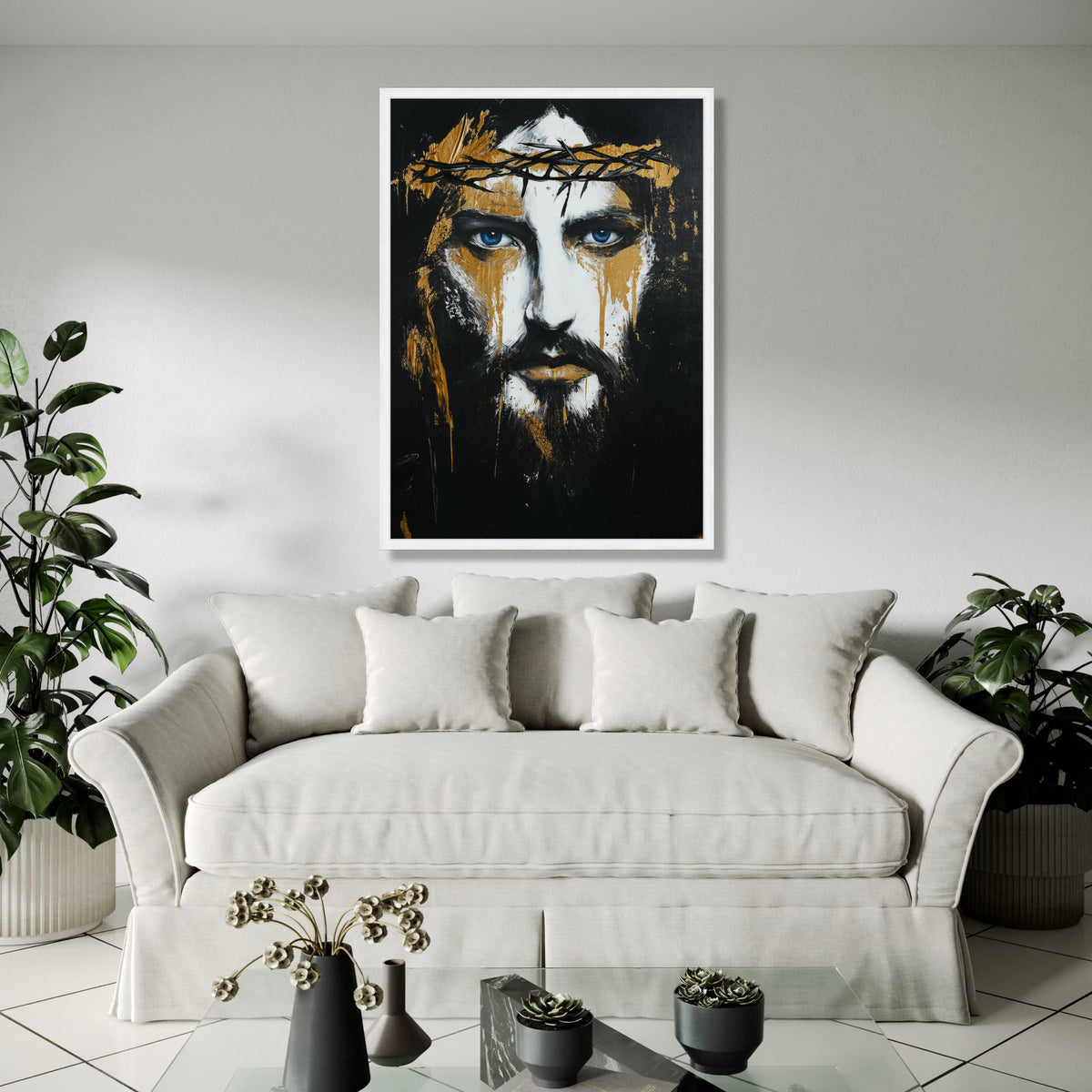 Dramatic Jesus Portrait Canvas Wall Art, Crown of Thorns Painting, Blue Eyes Spiritual Art, Black Gold Abstract Gift Art, Home Decor, Print