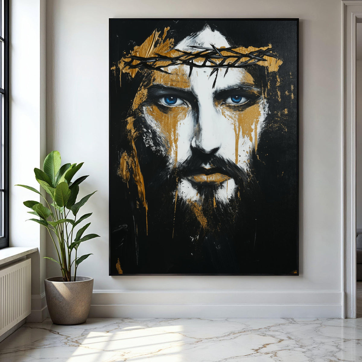 Dramatic Jesus Portrait Canvas Wall Art, Crown of Thorns Painting, Blue Eyes Spiritual Art, Black Gold Abstract Gift Art, Home Decor, Print