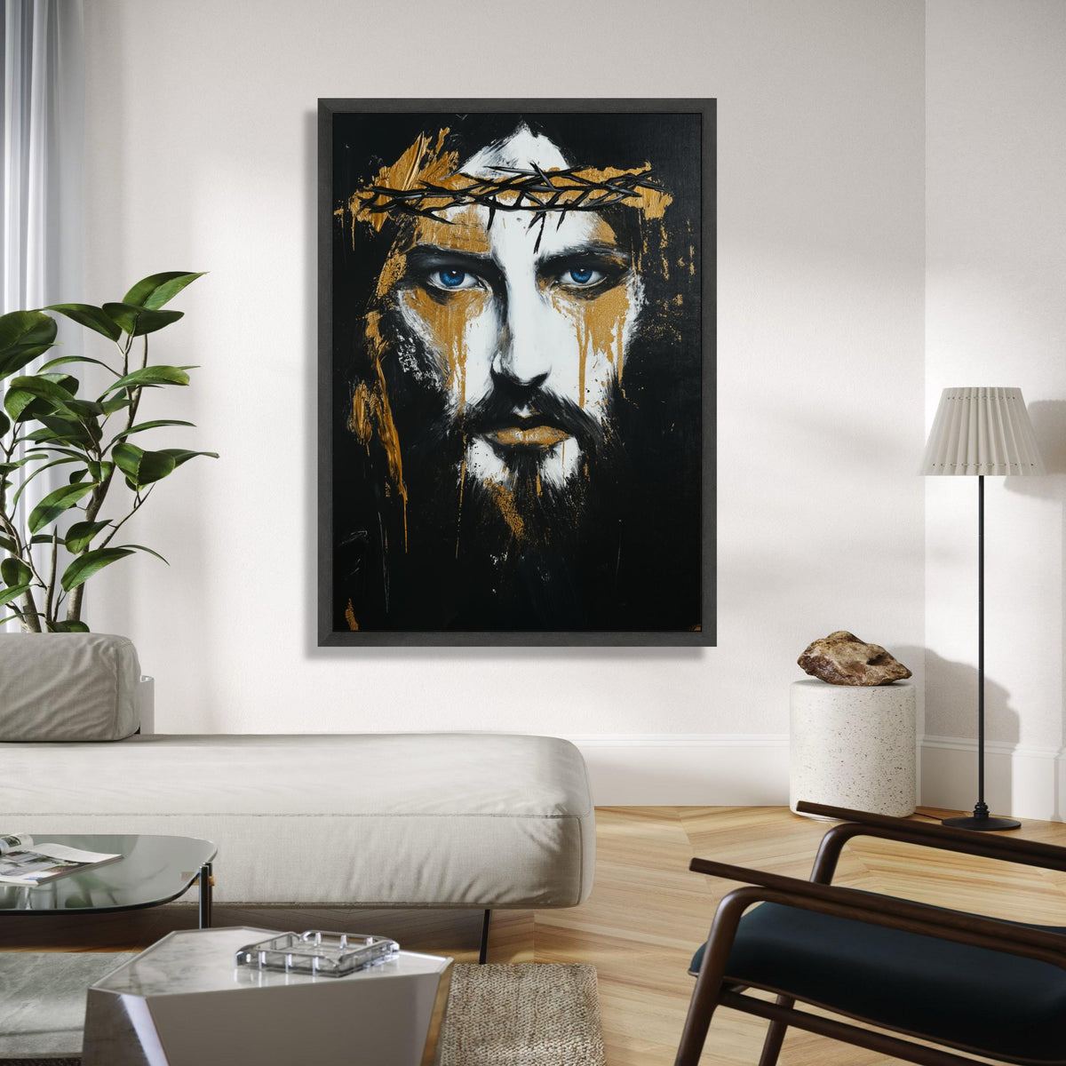 Dramatic Jesus Portrait Canvas Wall Art, Crown of Thorns Painting, Blue Eyes Spiritual Art, Black Gold Abstract Gift Art, Home Decor, Print