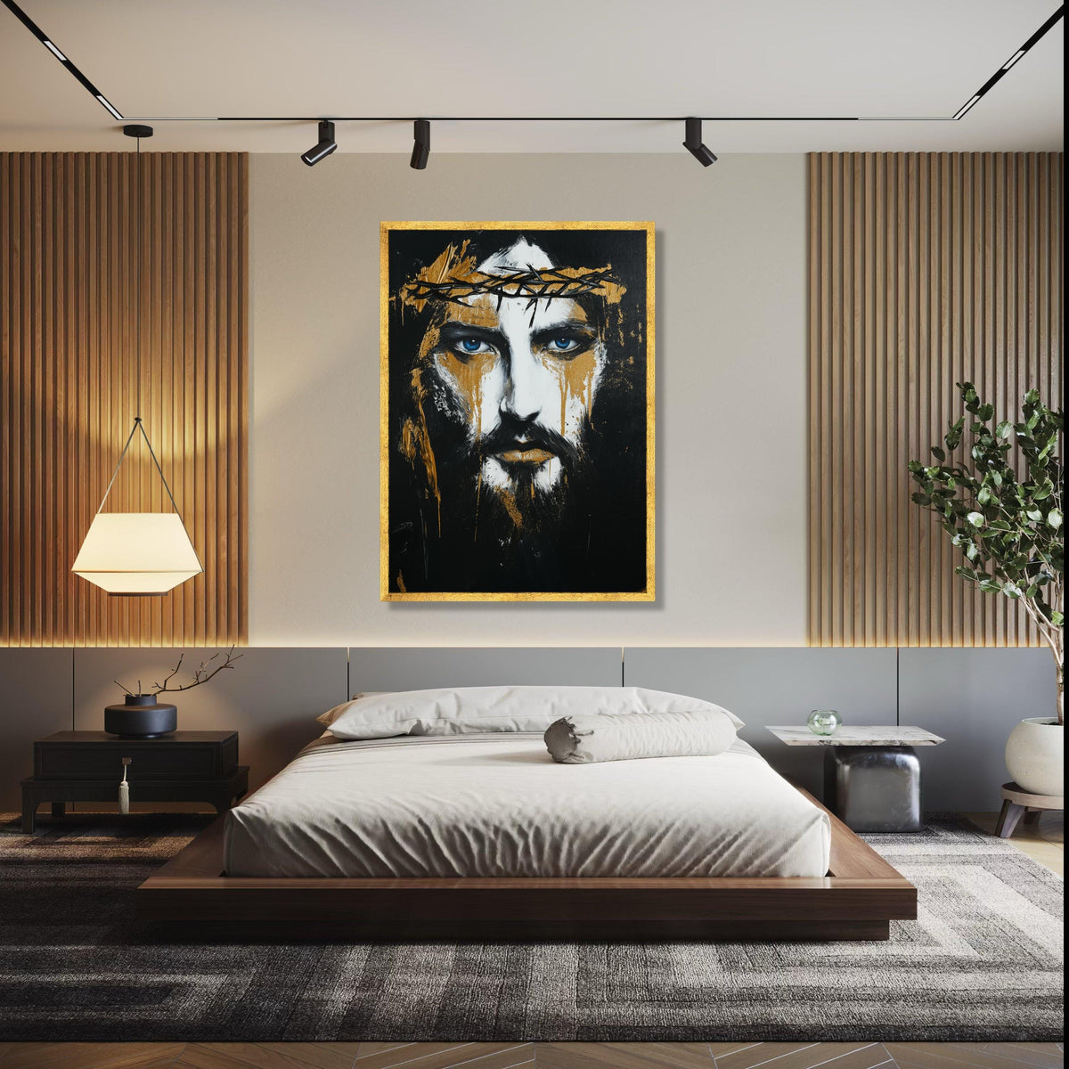Dramatic Jesus Portrait Canvas Wall Art, Crown of Thorns Painting, Blue Eyes Spiritual Art, Black Gold Abstract Gift Art, Home Decor, Print