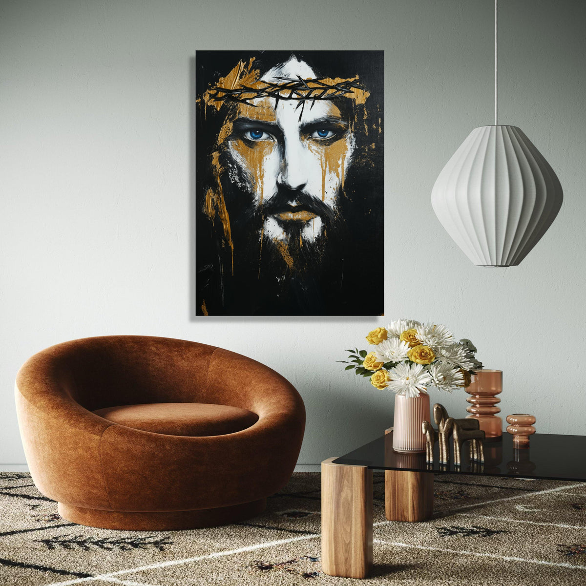 Dramatic Jesus Portrait Canvas Wall Art, Crown of Thorns Painting, Blue Eyes Spiritual Art, Black Gold Abstract Gift Art, Home Decor, Print