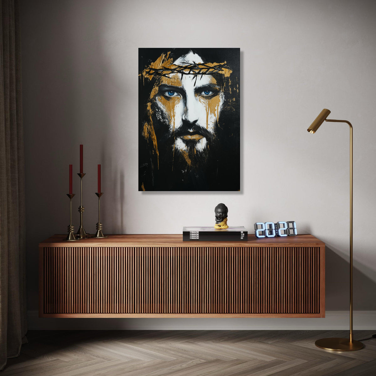 Dramatic Jesus Portrait Canvas Wall Art, Crown of Thorns Painting, Blue Eyes Spiritual Art, Black Gold Abstract Gift Art, Home Decor, Print