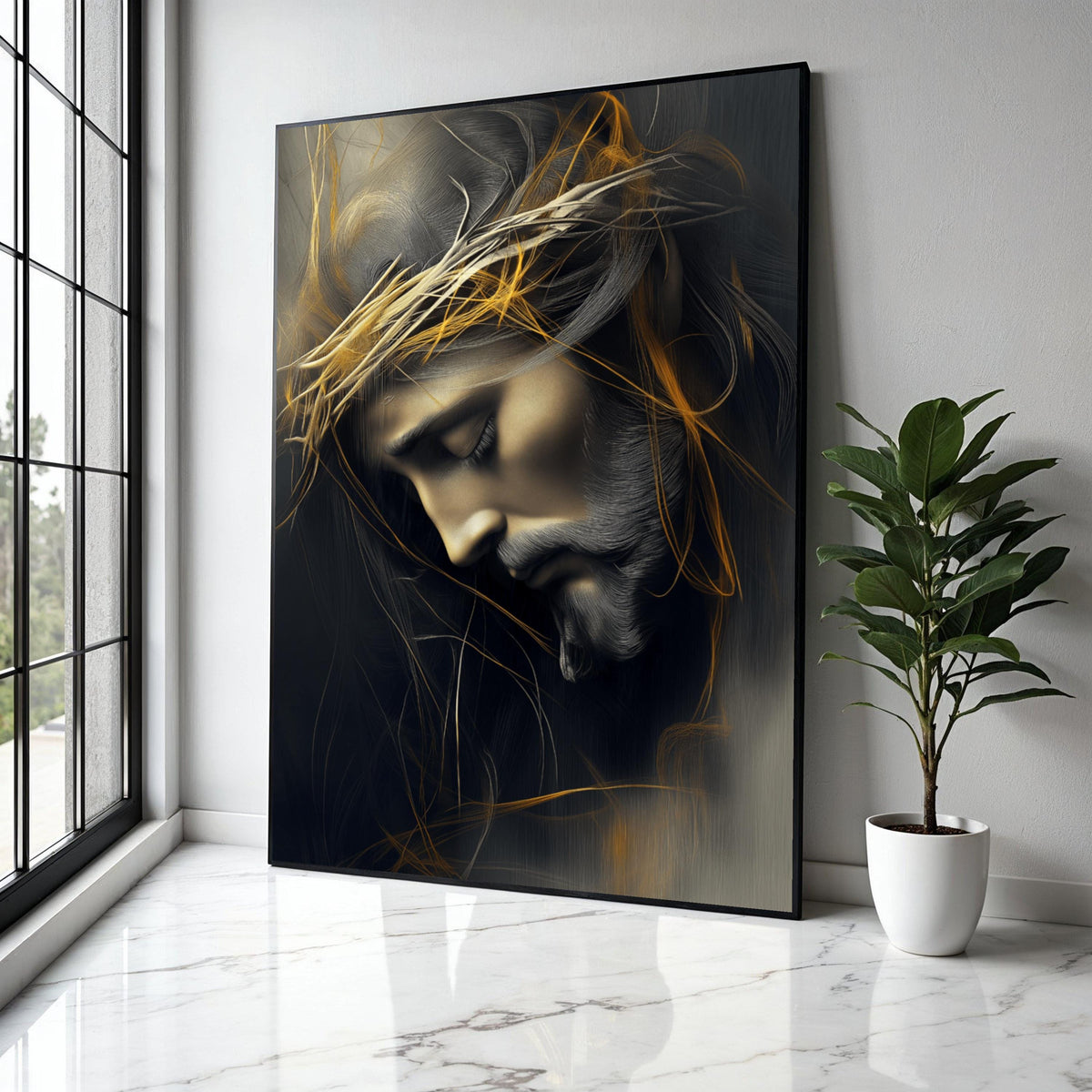 Contemplative Jesus Portrait Canvas, Crown of Thorns Wall Art, Spiritual Christian Canvas Decoration, Religious Gift Art, Home Decor, Print