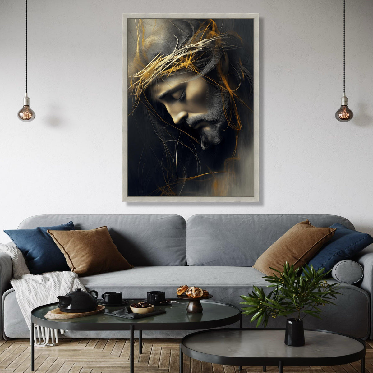 Contemplative Jesus Portrait Canvas, Crown of Thorns Wall Art, Spiritual Christian Canvas Decoration, Religious Gift Art, Home Decor, Print