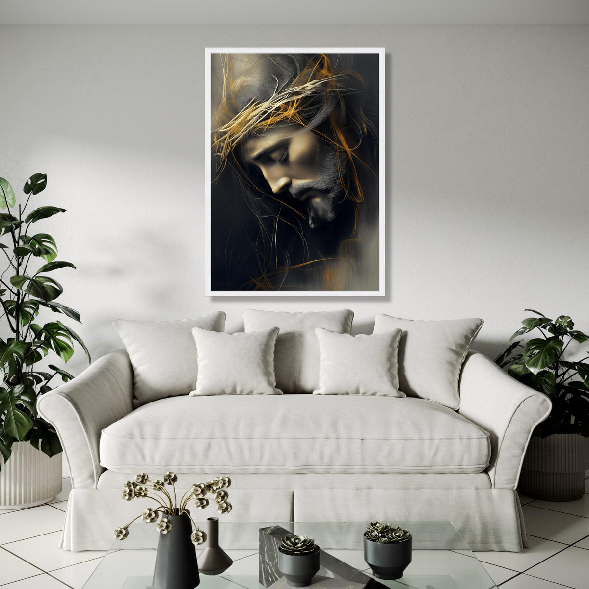 Contemplative Jesus Portrait Canvas, Crown of Thorns Wall Art, Spiritual Christian Canvas Decoration, Religious Gift Art, Home Decor, Print