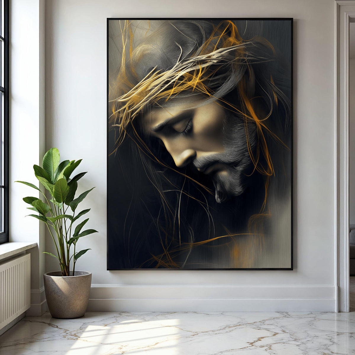 Contemplative Jesus Portrait Canvas, Crown of Thorns Wall Art, Spiritual Christian Canvas Decoration, Religious Gift Art, Home Decor, Print