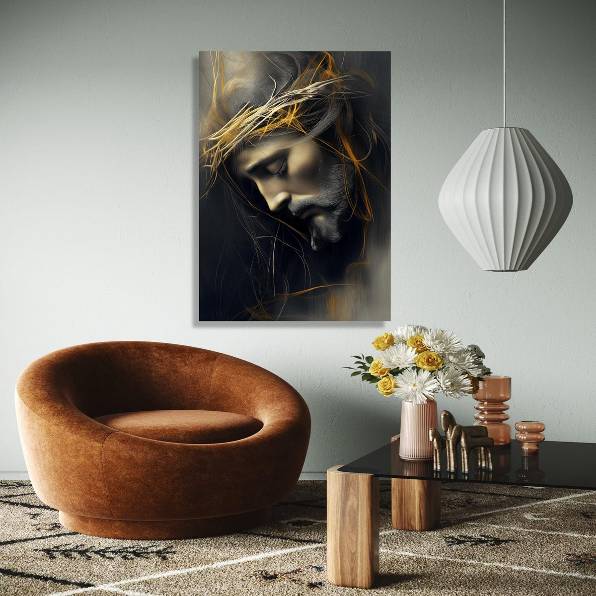 Contemplative Jesus Portrait Canvas, Crown of Thorns Wall Art, Spiritual Christian Canvas Decoration, Religious Gift Art, Home Decor, Print