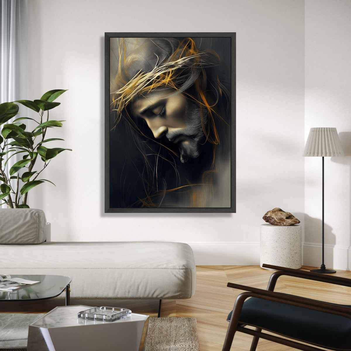 Contemplative Jesus Portrait Canvas, Crown of Thorns Wall Art, Spiritual Christian Canvas Decoration, Religious Gift Art, Home Decor, Print