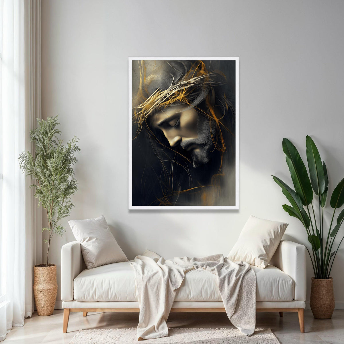 Contemplative Jesus Portrait Canvas, Crown of Thorns Wall Art, Spiritual Christian Canvas Decoration, Religious Gift Art, Home Decor, Print