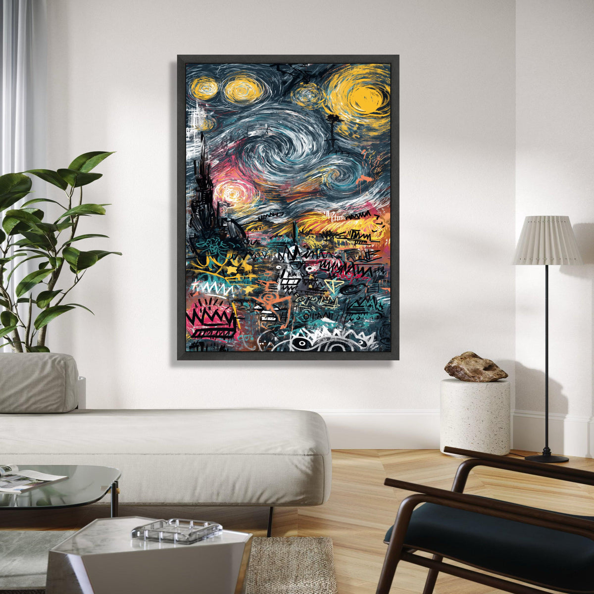 Urban Graffiti Art Canvas, Abstract Cityscape Wall Art, Modern Street Art Decor, Colorful Swirl Sky Canvas, Gift Art, Home Decor, Print