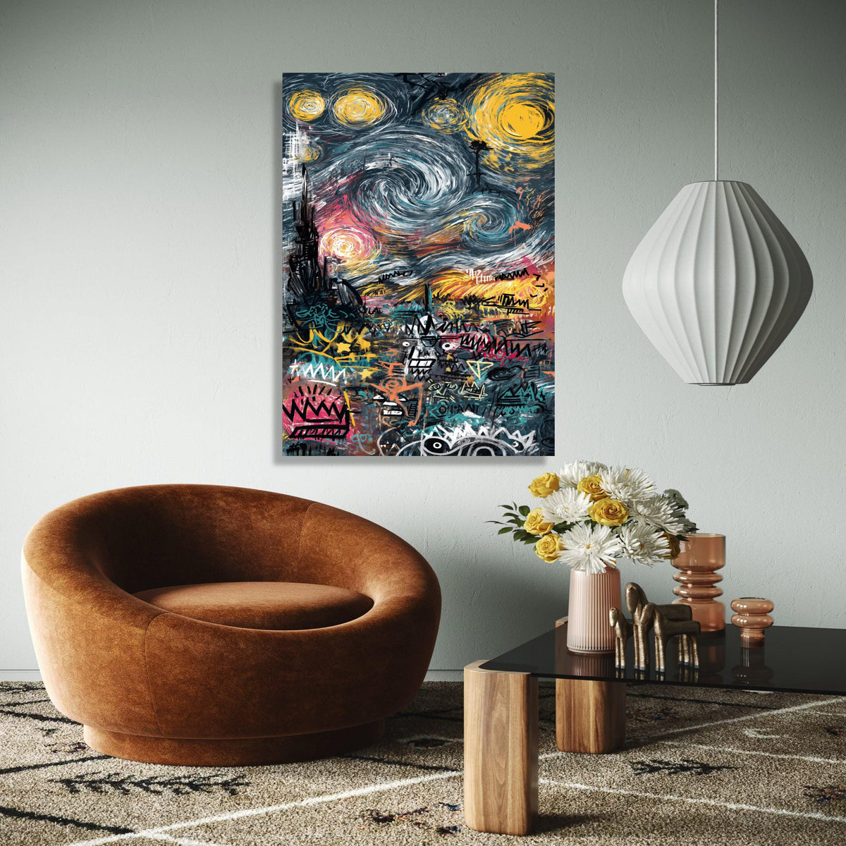 Urban Graffiti Art Canvas, Abstract Cityscape Wall Art, Modern Street Art Decor, Colorful Swirl Sky Canvas, Gift Art, Home Decor, Print