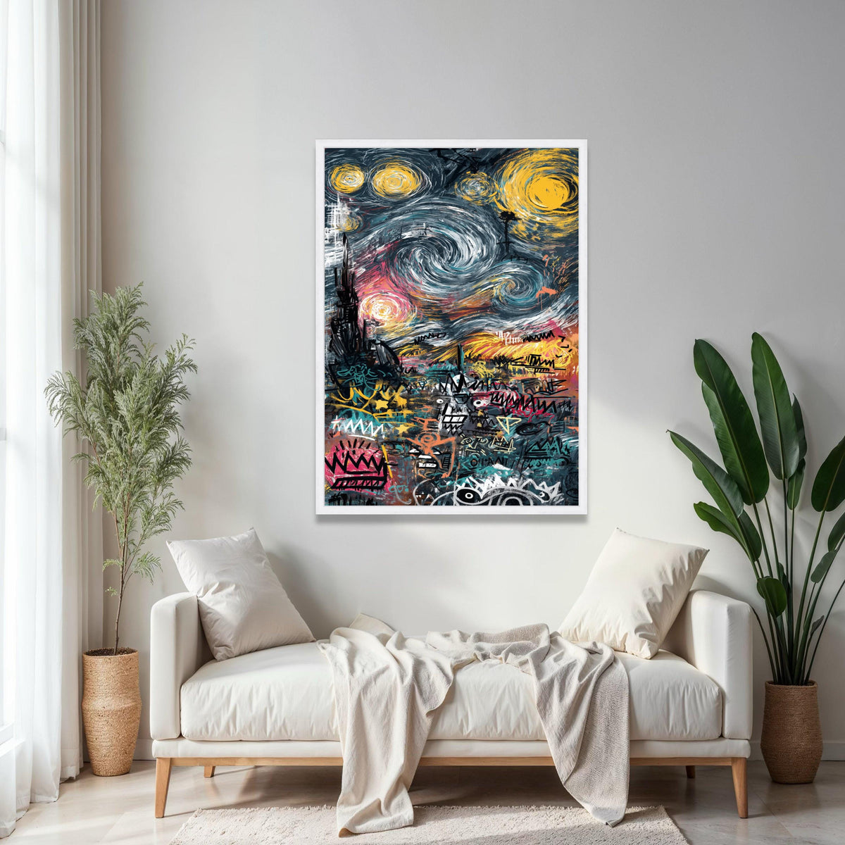 Urban Graffiti Art Canvas, Abstract Cityscape Wall Art, Modern Street Art Decor, Colorful Swirl Sky Canvas, Gift Art, Home Decor, Print