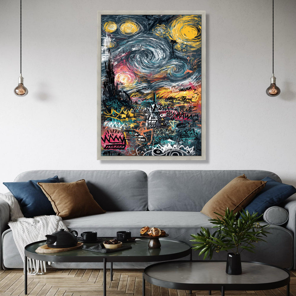 Urban Graffiti Art Canvas, Abstract Cityscape Wall Art, Modern Street Art Decor, Colorful Swirl Sky Canvas, Gift Art, Home Decor, Print