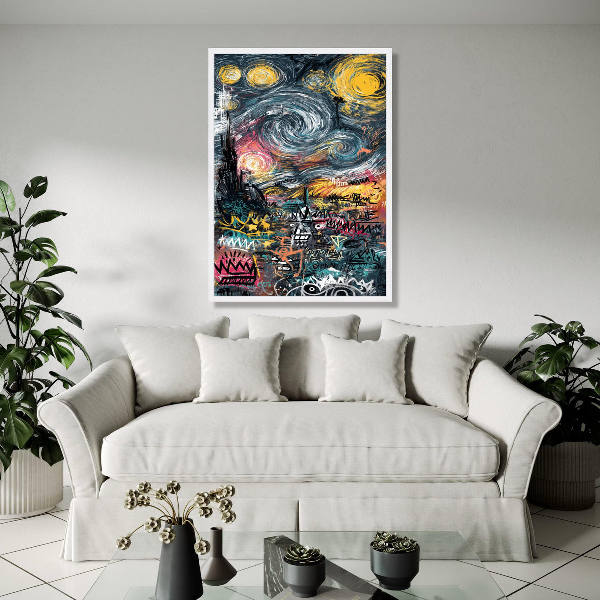 Urban Graffiti Art Canvas, Abstract Cityscape Wall Art, Modern Street Art Decor, Colorful Swirl Sky Canvas, Gift Art, Home Decor, Print