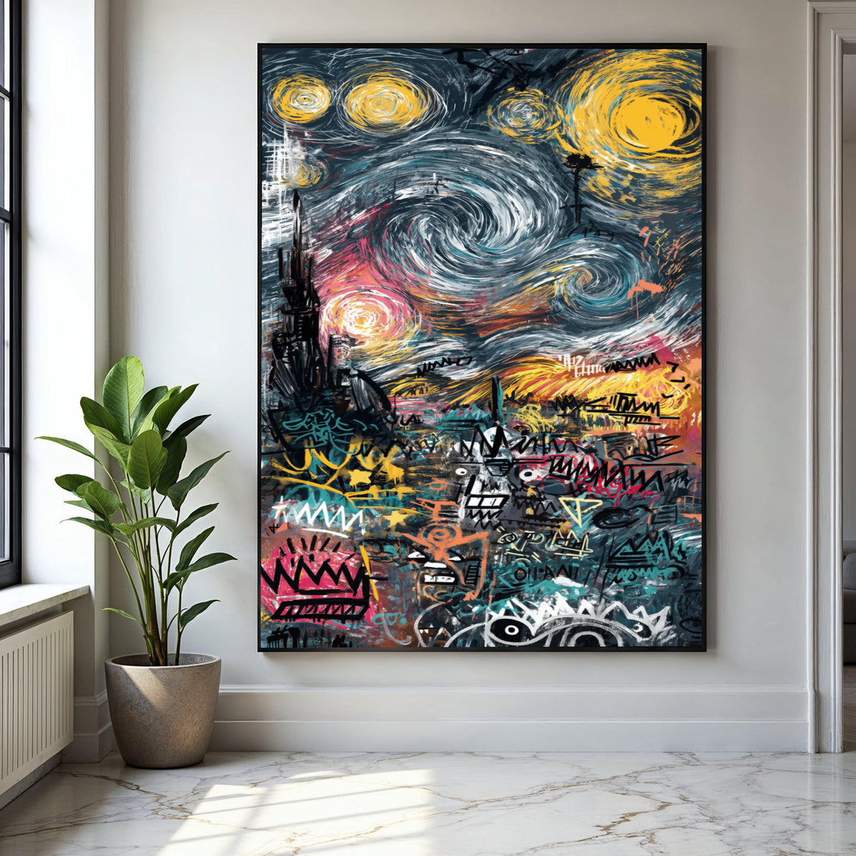 Urban Graffiti Art Canvas, Abstract Cityscape Wall Art, Modern Street Art Decor, Colorful Swirl Sky Canvas, Gift Art, Home Decor, Print