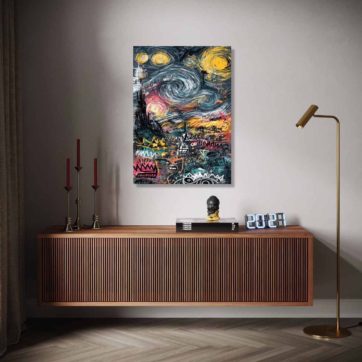 Urban Graffiti Art Canvas, Abstract Cityscape Wall Art, Modern Street Art Decor, Colorful Swirl Sky Canvas, Gift Art, Home Decor, Print