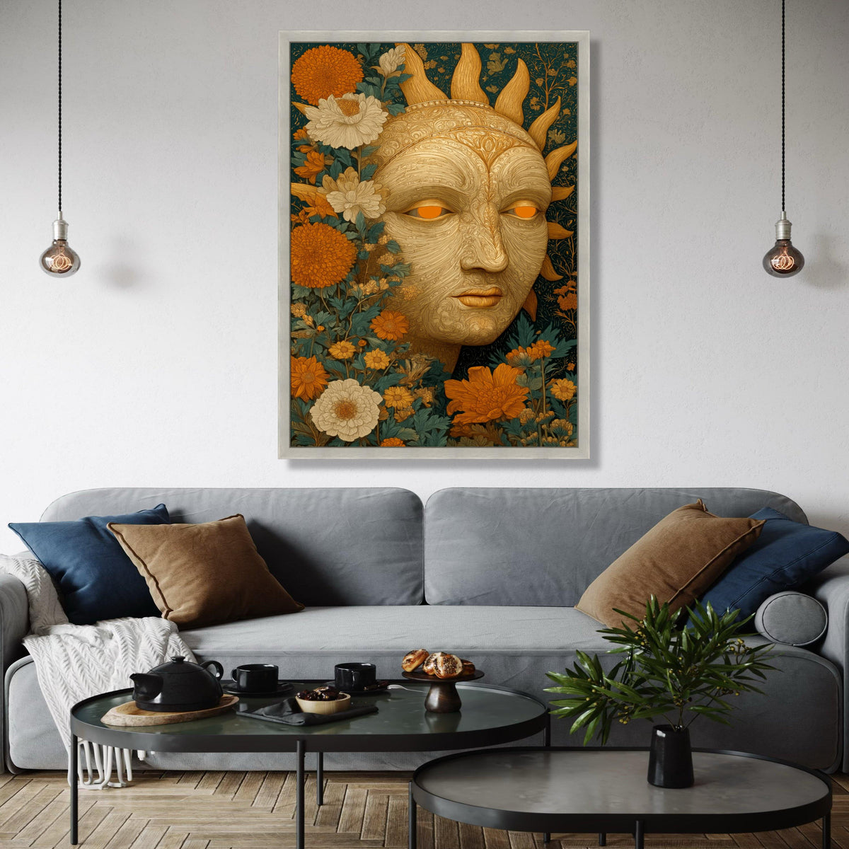 Ornate Sun Face Canvas Wall Art, Floral Botanical Design, Bohemian Garden Decoration, Intricate Nature Inspired Gift Art, Home Decor, Print