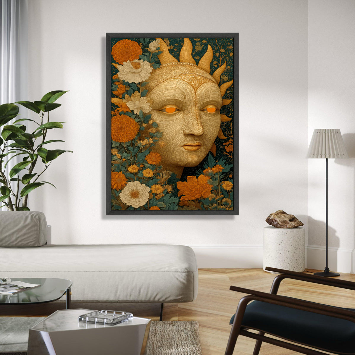Ornate Sun Face Canvas Wall Art, Floral Botanical Design, Bohemian Garden Decoration, Intricate Nature Inspired Gift Art, Home Decor, Print
