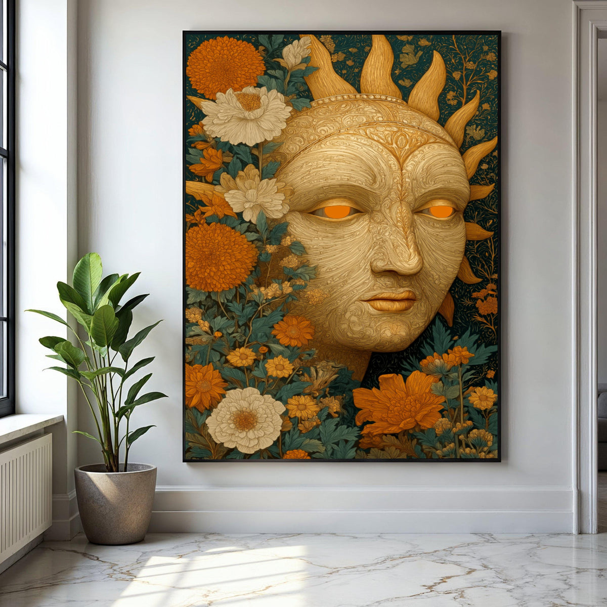 Ornate Sun Face Canvas Wall Art, Floral Botanical Design, Bohemian Garden Decoration, Intricate Nature Inspired Gift Art, Home Decor, Print