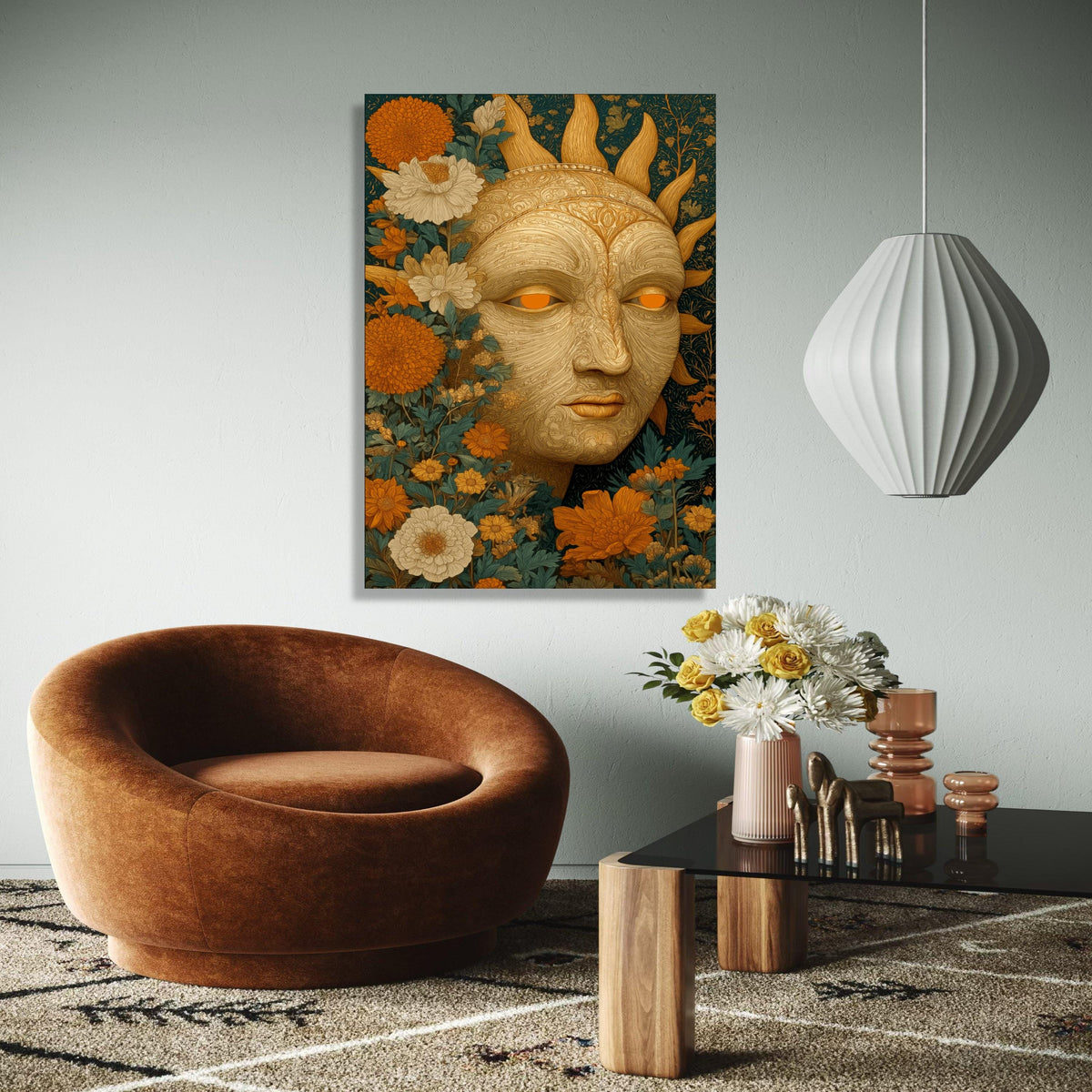 Ornate Sun Face Canvas Wall Art, Floral Botanical Design, Bohemian Garden Decoration, Intricate Nature Inspired Gift Art, Home Decor, Print