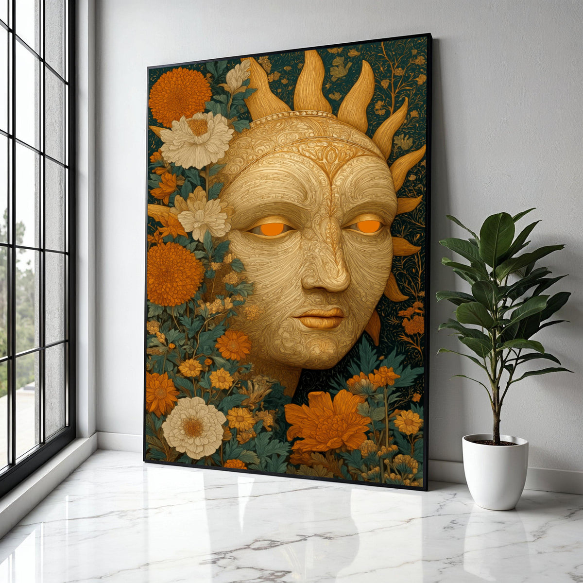 Ornate Sun Face Canvas Wall Art, Floral Botanical Design, Bohemian Garden Decoration, Intricate Nature Inspired Gift Art, Home Decor, Print