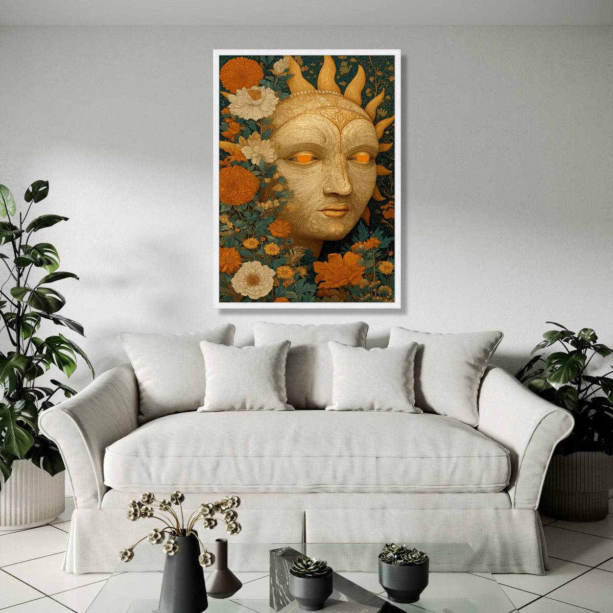 Ornate Sun Face Canvas Wall Art, Floral Botanical Design, Bohemian Garden Decoration, Intricate Nature Inspired Gift Art, Home Decor, Print