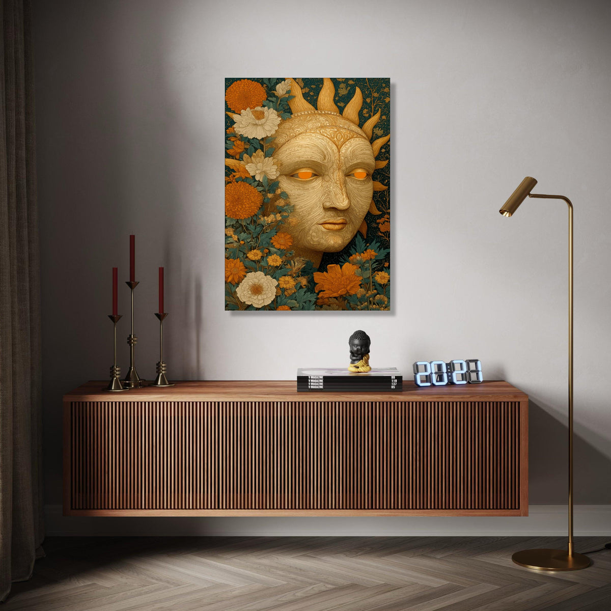 Ornate Sun Face Canvas Wall Art, Floral Botanical Design, Bohemian Garden Decoration, Intricate Nature Inspired Gift Art, Home Decor, Print