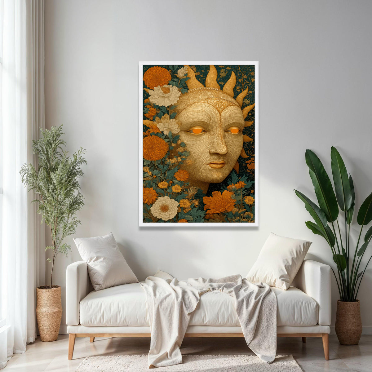 Ornate Sun Face Canvas Wall Art, Floral Botanical Design, Bohemian Garden Decoration, Intricate Nature Inspired Gift Art, Home Decor, Print