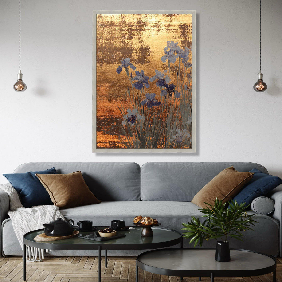 Golden Abstract Floral Canvas, Blue Iris Flowers Wall Art, Metallic Finish, Elegant Botanical Canvas, Home Decor Gift Art, Home Decor, Print