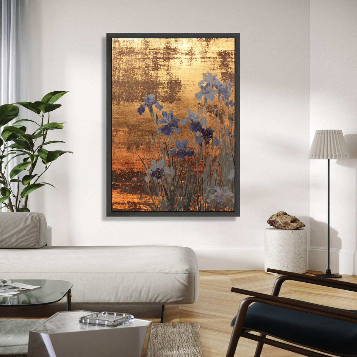 Golden Abstract Floral Canvas, Blue Iris Flowers Wall Art, Metallic Finish, Elegant Botanical Canvas, Home Decor Gift Art, Home Decor, Print