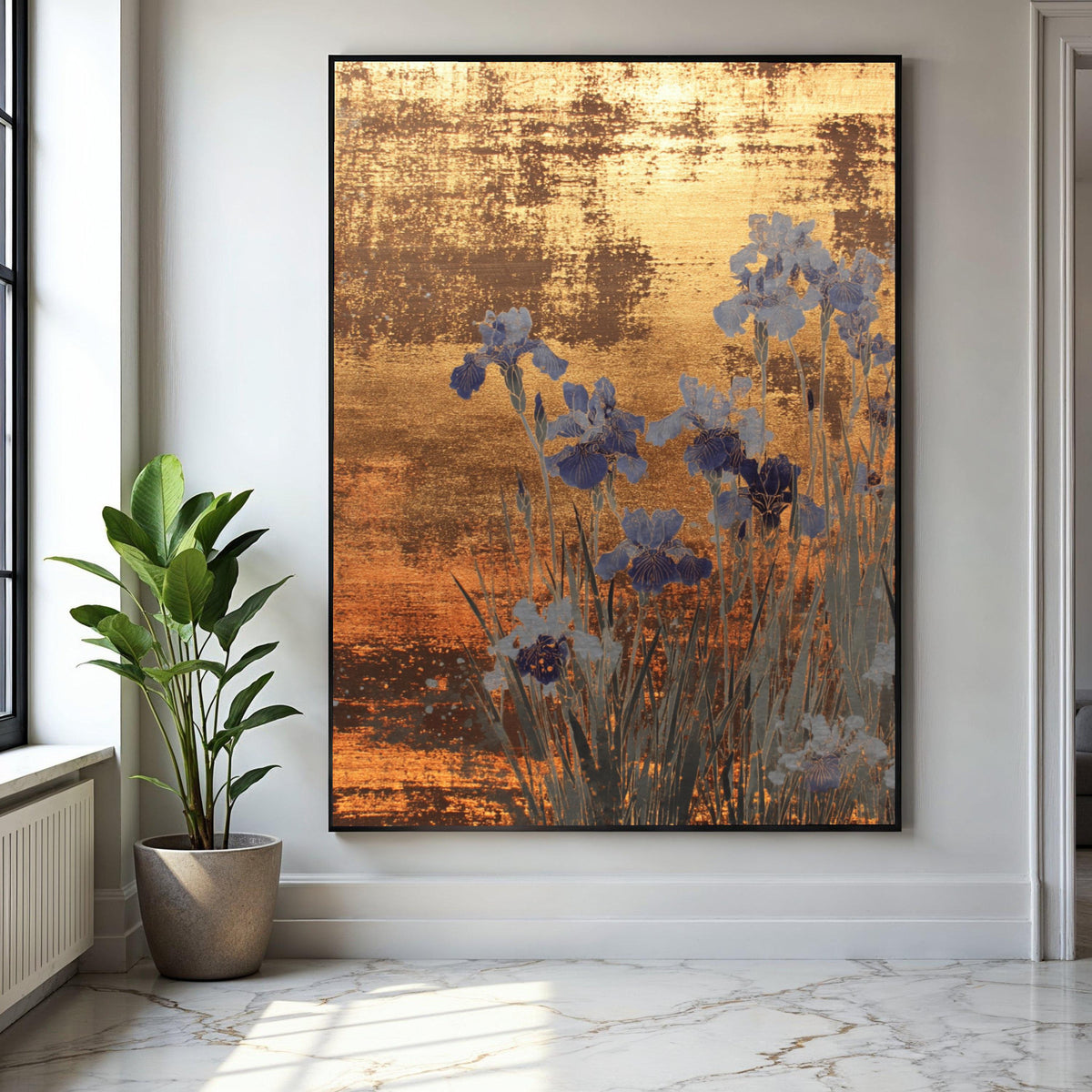 Golden Abstract Floral Canvas, Blue Iris Flowers Wall Art, Metallic Finish, Elegant Botanical Canvas, Home Decor Gift Art, Home Decor, Print