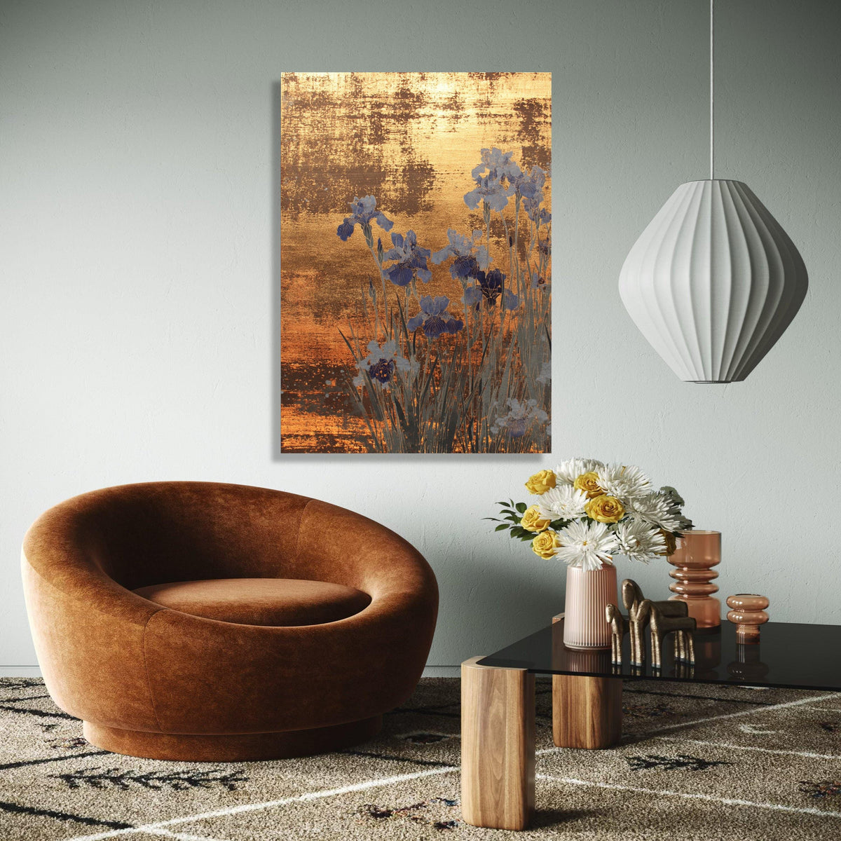Golden Abstract Floral Canvas, Blue Iris Flowers Wall Art, Metallic Finish, Elegant Botanical Canvas, Home Decor Gift Art, Home Decor, Print