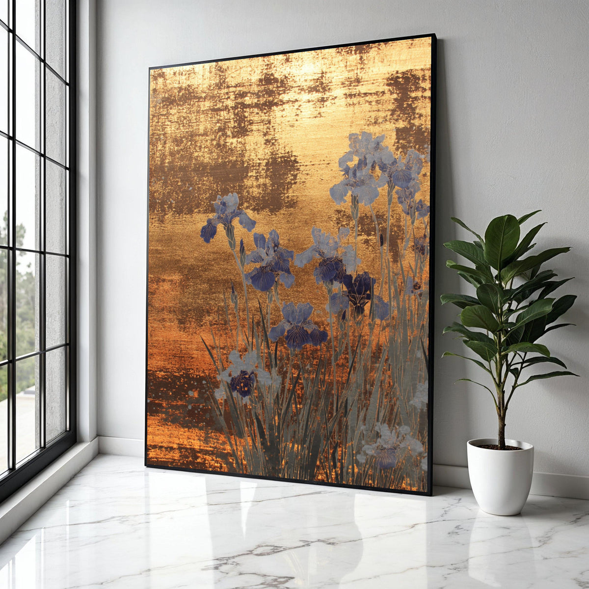 Golden Abstract Floral Canvas, Blue Iris Flowers Wall Art, Metallic Finish, Elegant Botanical Canvas, Home Decor Gift Art, Home Decor, Print