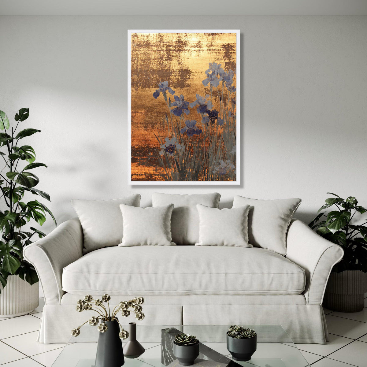 Golden Abstract Floral Canvas, Blue Iris Flowers Wall Art, Metallic Finish, Elegant Botanical Canvas, Home Decor Gift Art, Home Decor, Print