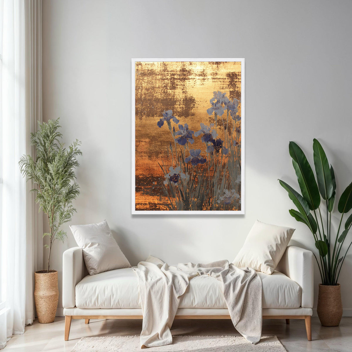 Golden Abstract Floral Canvas, Blue Iris Flowers Wall Art, Metallic Finish, Elegant Botanical Canvas, Home Decor Gift Art, Home Decor, Print